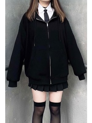 Siyah Düz Oversize Kalın Kapüşonlu Unisex Hırka