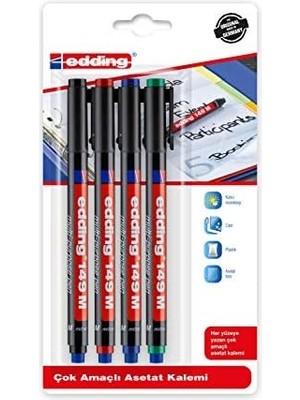 Karokstore Edding ED149B499 Silgili Asetat Kalem 1mm 4'lü Karışık Siyah/kırmızı/mavi/yeşil