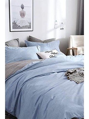 Karokstore Çift Kişilik  Çift Taraflı Nevresim Takımı -Düz Battal Çarşaflı - Açık Mavi/gri