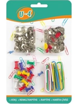 Karokstore 4'lü Kırtasiye Seti, Ataş, Raptiye, Renkli Raptiye, Harita Çivisi, Ofis, Okul, Öğrenci Kullanımı Için, Düzenleyici Set