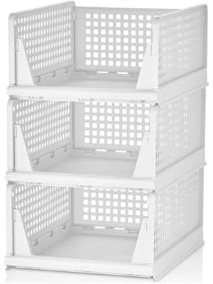 Karokstore 3 Adet Kayar Raf Elbise Dolap Içi Organizeri, Mutfak, Banyo, Çocuk Odası, Garaj ve Ardiye Için Üst Üste Dizilebilir Ünite, Kayar Raf Dolap Içi Kıyafet, Ev Aksesuarı Düzenleyici (Beyaz)