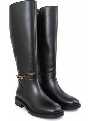 Ne&Ve Shoes Siyah Deri Gold Aksesuarlı Diz Altı Kadın Çizme