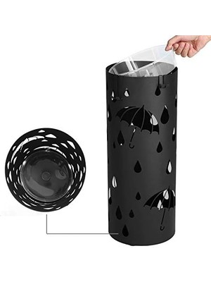 Karokstore Metal Şemsiye Standı, Yuvarlak Şemsiye Standı, Çıkarılabilir Damlama Kasesi, Kancalı, 49 x Çap 19,5 Cm, Siyah, LUC23B