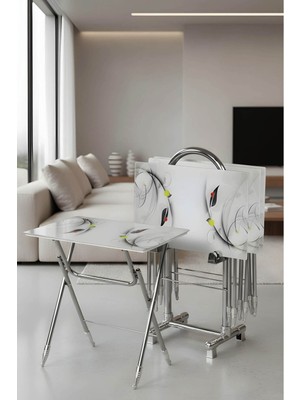 Lumis Garden Lumisgarden 4’lü Katlanır Cam Beyaz Yaprak Desenli Çanta Zigon Sehpa – Krom Ayak