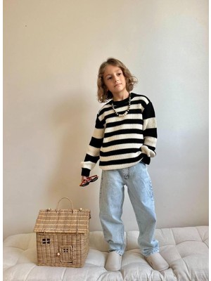 Cg Kids Çizgili Örgülü Siyah Renk Triko Kazaklı Jean Pantolon Erkek Çocuk Alt Üst Takım Süper Kalite Kumaş