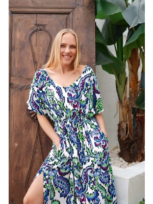 Lodos Store Aydoğan Kadın V Yaka Kısa Kollu Desenli Gipeli Uzun Elbise Beyaz