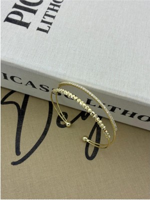 Hedef Bujiteri Gold Renkli Ayarlanabilir Iki Sıralı Dorika ve Zirkon Taş Detaylı Bileklik