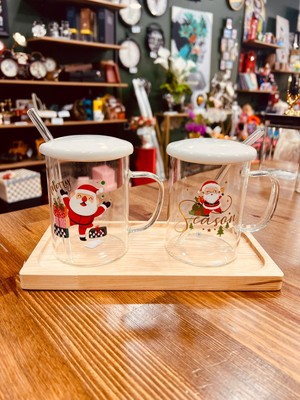 Sedosh Home Vision 2’li Porselen Kapaklı Kupa Seti Ahşap Sunumluklu Cam Pipetli