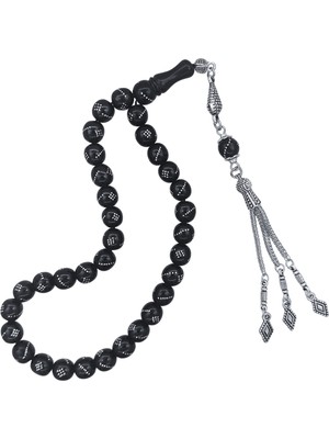 OltutaşıMarket Gümüş Işlemeli Gümüş Kaplama Püsküllü Gürcistan Oltu Taşı Tesbih 9 mm