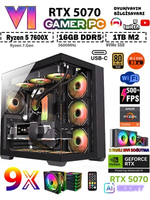 Zeiron GTA-VI Elite X7 Ryzen 7600X 16GB 5600MHZ DDR5 Ram 1TB M.2 SSD 12GB RTX5070 Sıvı Soğutmalı Premium Oyuncu Bilgisayarı