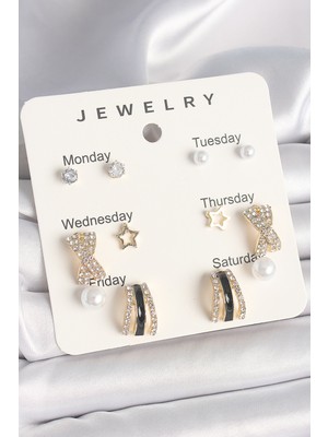 HERŞEYBURDAMODA Pirinç Gold Renk Zirkon Taş Yıldız Detaylı Incili 7'li Set Kadın Küpe Seti