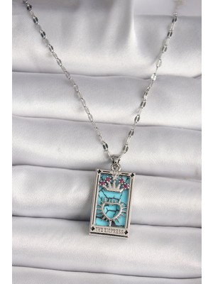 HERŞEYBURDAMODA 316L Çelik Gümüş Renk Pembe Zirkon Taşlı Taç Kalp Portre Model Kadın Kole