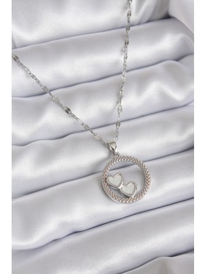 HERŞEYBURDAMODA 316L Çelik Zincir Gümüş Renk Işleme Detay Halka Kalp Model Kadın Kolye