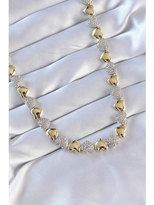 HERŞEYBURDAMODA Vip Seri Pirinç Çift Renk Zirkon Taşlı Kalp Tasarımlı Kolye