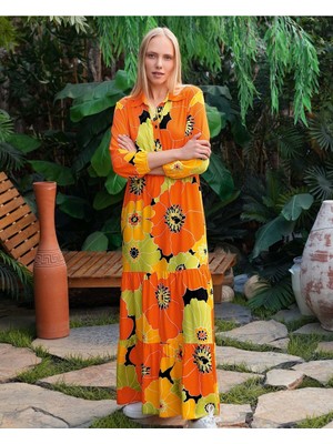 Lodos Store Aydoğan Kadın Gömlek Yaka Uzun Kollu Çiçek Desenli Uzun Elbise Turuncu