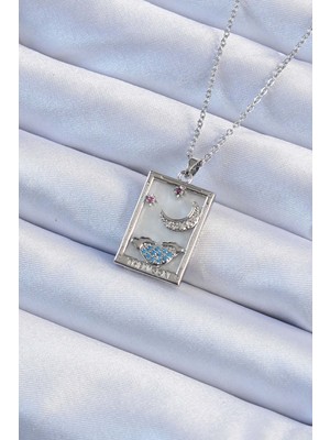 HERŞEYBURDAMODA 316L Çelik Zincir Gümüş Renk Zirkon Taşlı Ay Figürlü Tarot Kolye