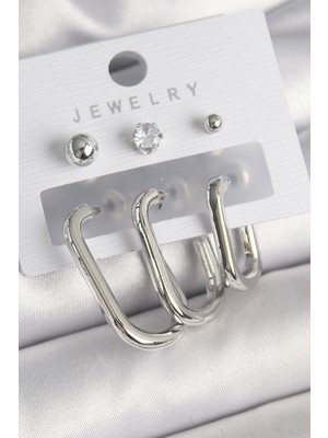 HERŞEYBURDAMODA Pirinç Gümüş Renk Halka Model Zirkon Taşlı Topçuk Detay Kadın Küpe Seti