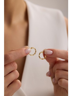 Nereze 925 Ayar Gümüş Gold Kaplama Minimal 15 mm Halka Burgu Şarnel Küpe