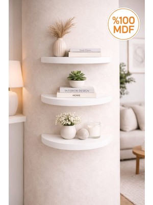 Mobilyacın Çok Amaçlı 3'lü Yarım Daire Duvar Rafı %100 MDF Kolay Montaj 30 cm Genişlik 15 cm Derinlik
