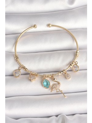 HERŞEYBURDAMODA Pirinç Gold Renk Zirkon Taşlı Sallantı Filamingo Figür Charm Kadın Bileklik