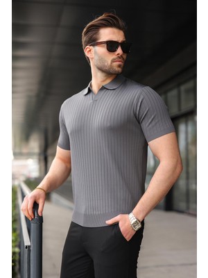 Madmext Antrasit Polo Yaka Triko Erkek Tişört E7461