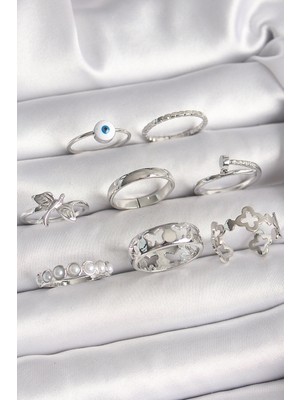 HERŞEYBURDAMODA Pirinç Gümüş Renk Nazar Boncuk Detay Incili Işlemeli Kadın Yüzük Kombini