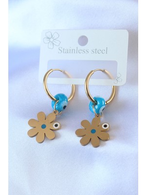 HERŞEYBURDAMODA 316L Çelik Gold Renk Çiçek Model Nazar Boncuk Detay Kadın Küpe