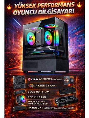 Apphirex Rise X90 Ryzen 7 5700X 32GB 1tb M.2 SSD RX9060XT 16GB Oyuncu Masaüstü Bilgisayarı Hazır Sistem