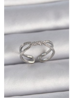 HERŞEYBURDAMODA Pirinç Gümüş Renk Ayarlanabilir Zirkon Taşlı Sarmal Model Kadın Yüzük