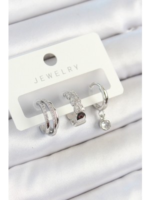 HERŞEYBURDAMODA Pirinç Zirkon Taşlı Halka Model Gümüş Renk 3'lü Çift Kadın Küpe Set