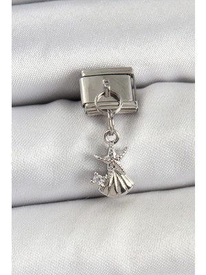 HERŞEYBURDAMODA 316L Çelik Sallantılı Zirkon Taşlı Deniz Yıldızı ve Istiridye Model Gümüş Renk Nomination Charm