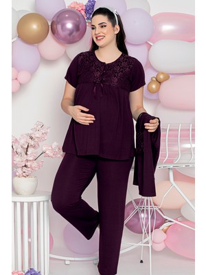 Jenika Collection Jenika Mürdüm 3'lü Hamile Kısa Kollu Düğmeli Dantelli Sabahlıklı Pijama Takımı