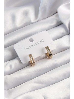 HERŞEYBURDAMODA 316L Çelik Altın Renk Zirkon Taşlı Halka Model Küpe