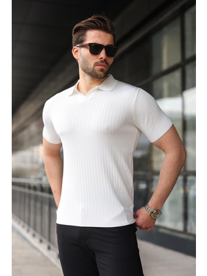 Madmext Beyaz Polo Yaka Triko Erkek Tişört E7461