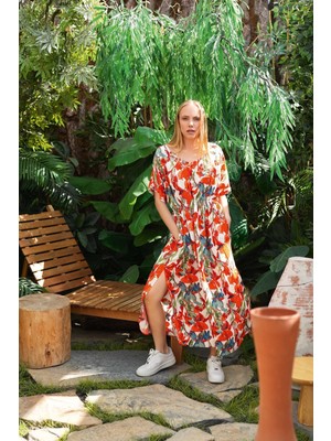 Lodos Store Aydoğan Kadın V Yaka Kısa Kollu Çiçek Desenli Gipeli Uzun Elbise Mercan Renk