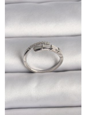 HERŞEYBURDAMODA Pirinç Gümüş Renk Zirkon Taşlı Yılan Model Ayarlanabilir Yüzük