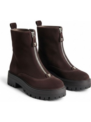 Ne&Ve Shoes Kahve Süet Hakiki Deri Gold Aklsesuarlı Önden Metal Fermuarlı Kadın Kalın Tabanlı Bot