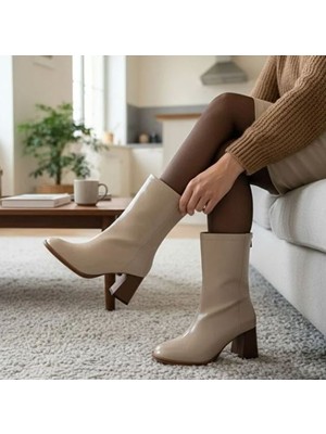 Ne&Ve Shoes Rugan Arkadan Fermuarlı Kadın Kalın Topuklu Şık ve Rahat Bot