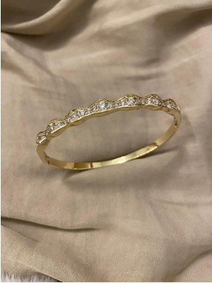 Hedef Bujiteri 14K Xuping Dalgalı Model Taşlı Gold Renk Kelepçe Bileklik, Bilezik