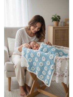 Mor Tasarım El Yapımı Tığ İşi 3D Motifli BebeK Battaniyesi - %100 Pamuklu Mavi Beyaz Bebek Örtüsü