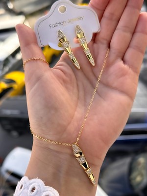 Ferro Sarı Çelik Kadın Küpe ve Kolye Set FRJW10009A-B 2 Yıl Garantili Hediye Paketli