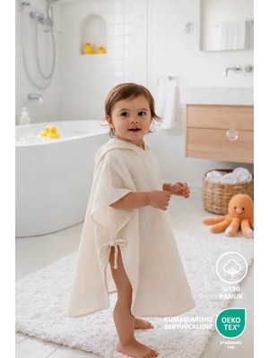 Lilalinda Bebek/çocuk Bornoz 4 Kat Müslin Panço Pembe Nakışlı %100 Pamuk - Krem