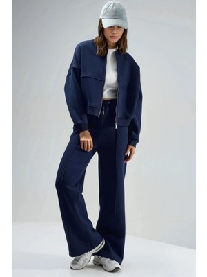 Hiccup Kadın Fermuarlı Yüksek Bel Geniş Paça Iki Parça Takım Lacivert