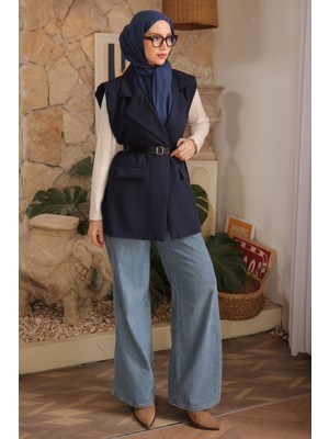 İmaj Butik Lacivert Omuzu Dik Vatkalı Kemerli Astarlı Yelek