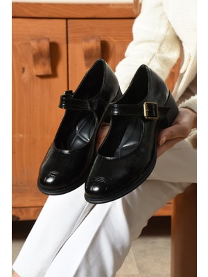 Dabab Shoes Clarıssa Kadın Siyah 4 cm Taban Tokalı Yuvarlak Burun Rahat Günlük Loafer Babet Ayakkabı