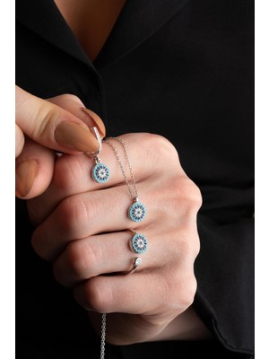 Nereze 925 Ayar Gümüş Minik Nazar Model Küpe Yüzük ve Kolye Set