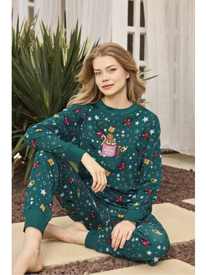 Lodos Store Aydoğan Kadın Uzun Kollu Pamuklu Ribana Pijama Takımı Christmas Yılbaşı Desenli