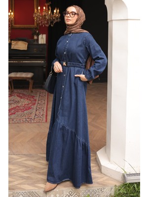 İmaj Butik Lacivert Düğmeli Lastik Kemerli Kot Elbise