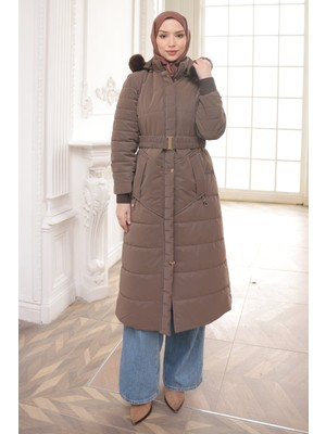 İmaj Butik Kahverengi Büyük Beden Kapüşonlu Şişme Mont