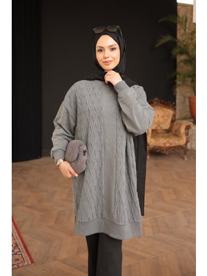 İmaj Butik Antrasit Bisiklet Yaka Kendinden Desenli Kol Lastikli Tunik